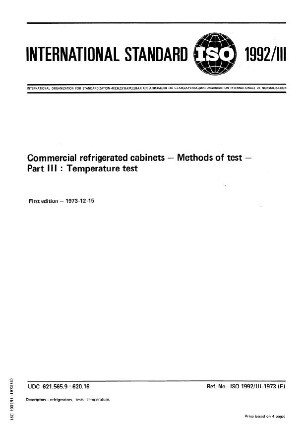 ISO 1992-3:1973 - Commercial refrigerated cabinets -- Methods of test