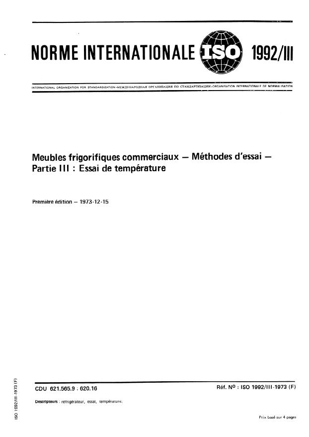ISO 1992-3:1973 - Meubles frigorifiques commerciaux -- Méthodes d'essai