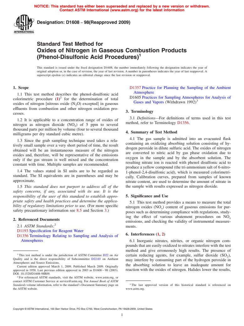 ASTM D1608-98(2009) - Standard Test Method for Oxides of Nitrogen in Gaseous Combustion Products (Phenol-Disulfonic Acid Procedures)