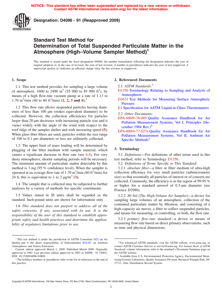 ASTM D4096-91(2009) - Standard Test Method for Determination of Total Suspended Particulate Matter in the Atmosphere (High-Volume Sampler Method)