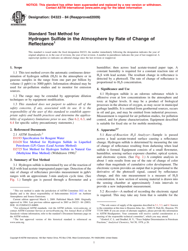 ASTM D4323-84(2009) - Standard Test Method for Hydrogen Sulfide in the Atmosphere by Rate of Change of Reflectance