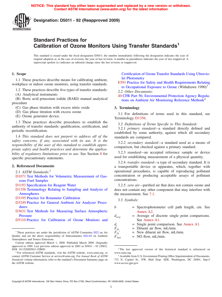 ASTM D5011-92(2009) - Standard Practices for Calibration of Ozone Monitors Using Transfer Standards