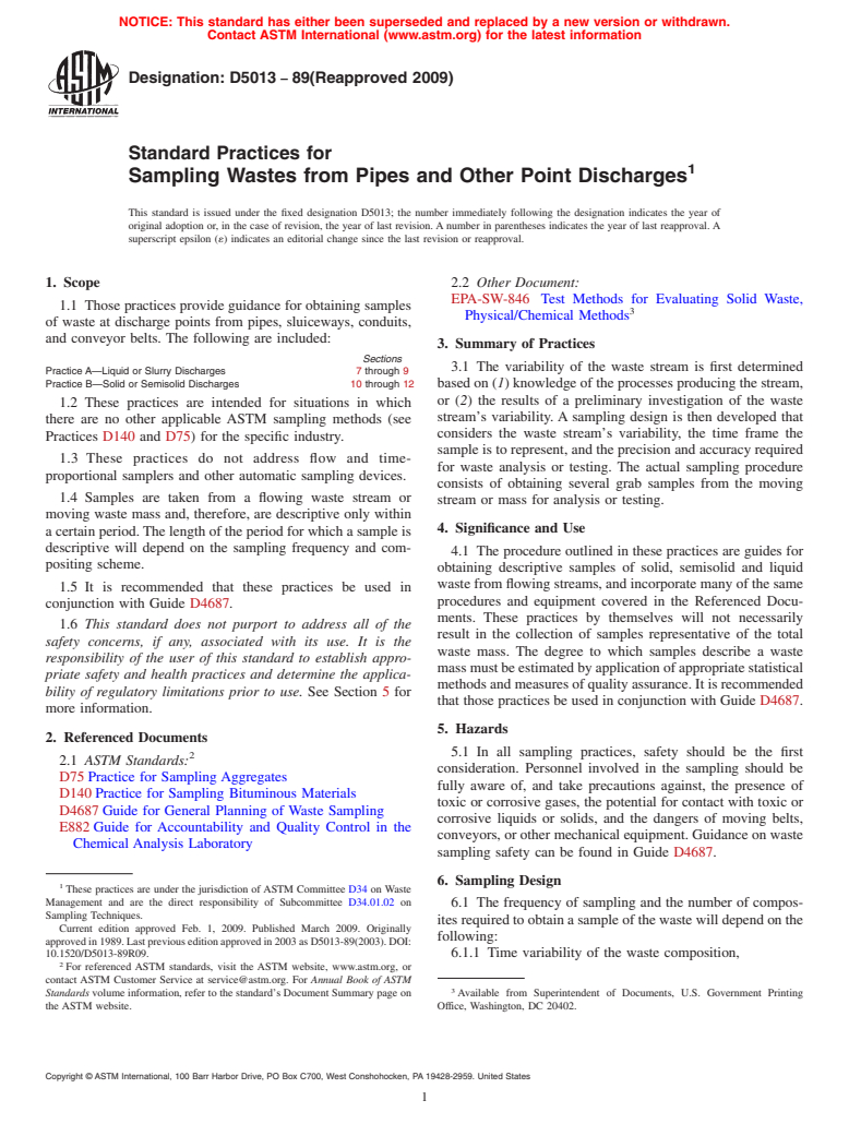 ASTM D5013-89(2009) - Standard Practices for Sampling Wastes from Pipes and Other Point Discharges