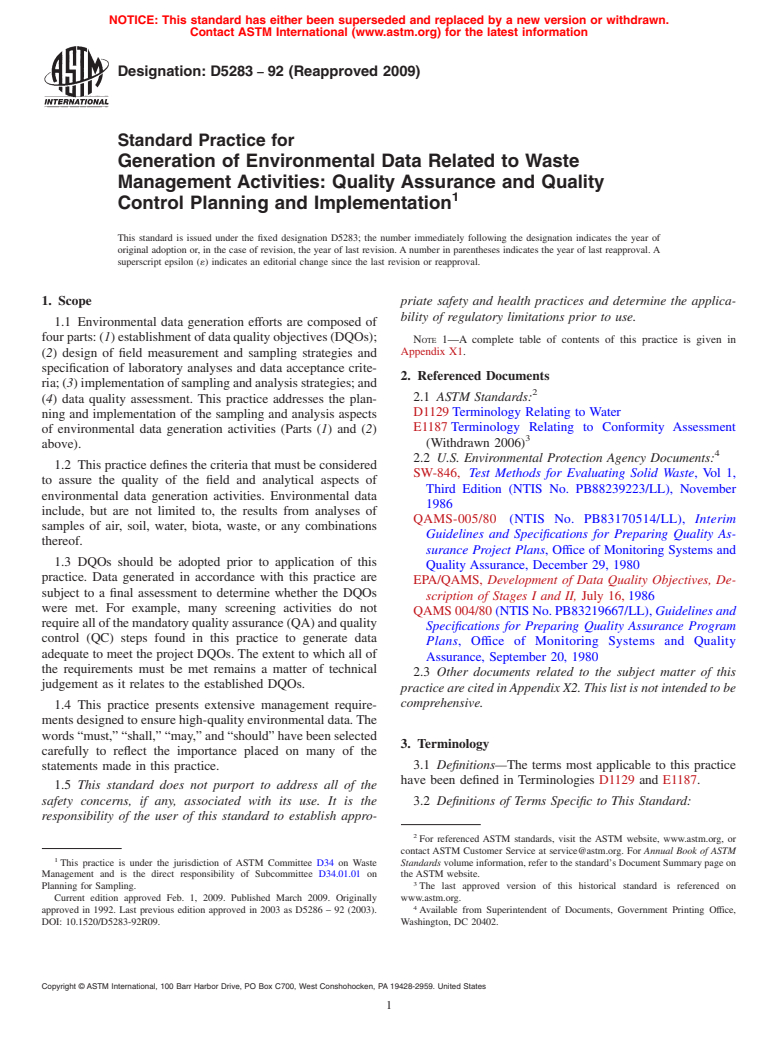 ASTM D5283-92(2009) - Standard Practice for Generation of Environmental Data Related to Waste Management Activities: Quality Assurance and Quality Control Planning and Implementation