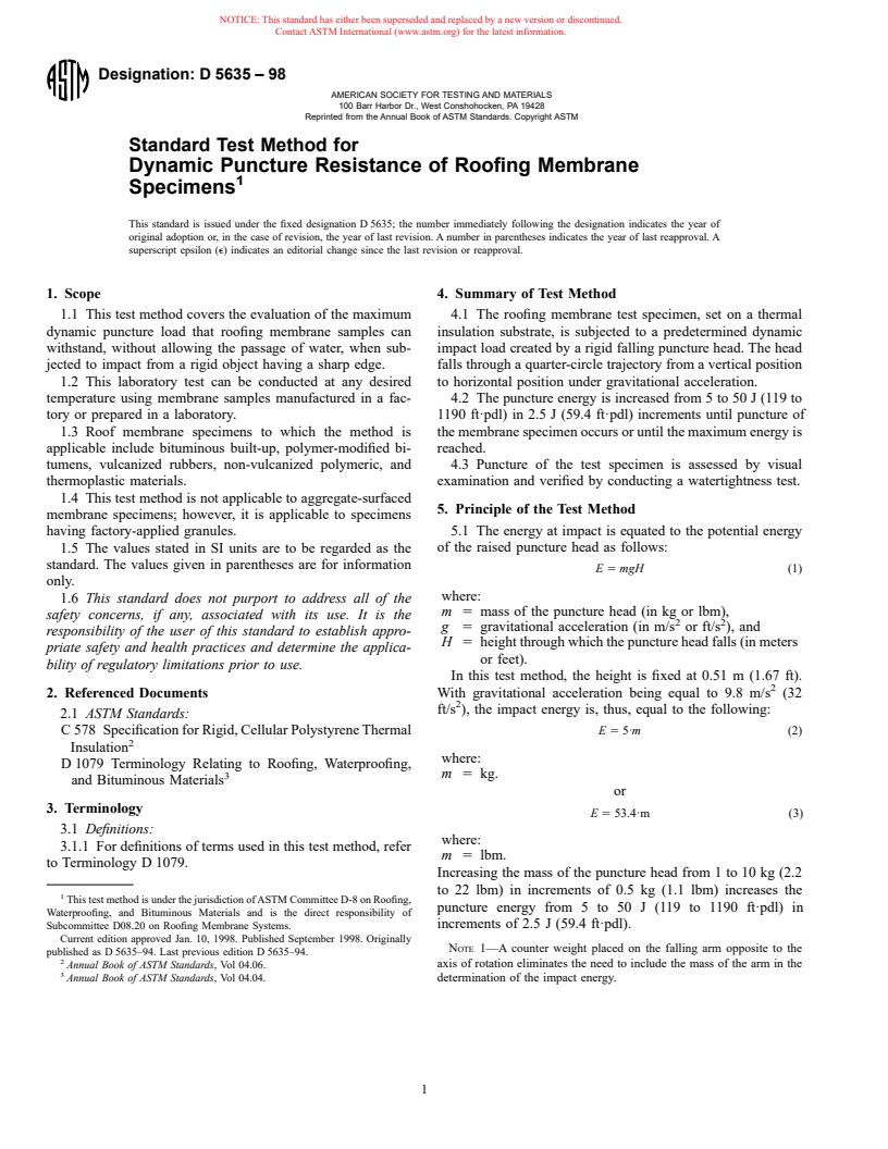 ASTM D5635-98 - Standard Test Method for Dynamic Puncture Resistance of Roofing Membrane Specimens