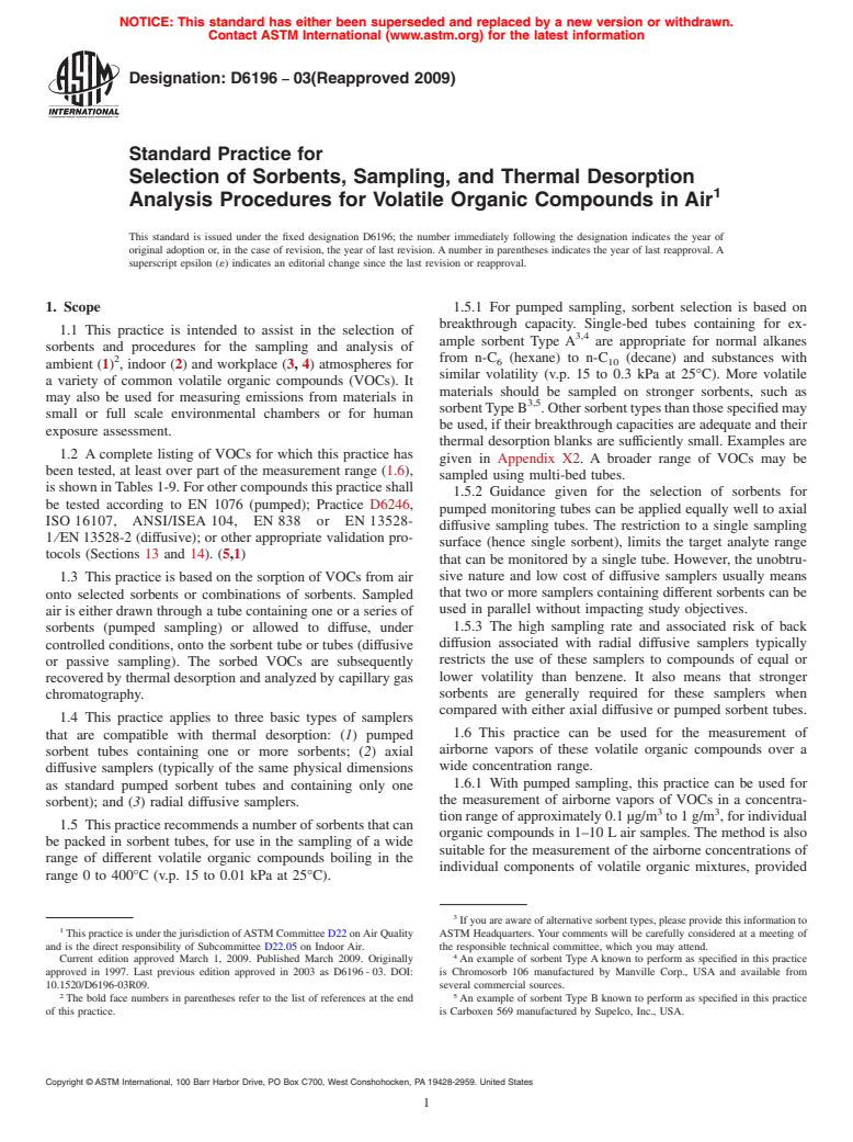 ASTM D6196-03(2009) - Standard Practice for Selection of Sorbents, Sampling, and Thermal Desorption Analysis Procedures for Volatile Organic Compounds in Air