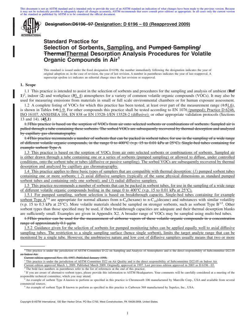 REDLINE ASTM D6196-03(2009) - Standard Practice for Selection of Sorbents, Sampling, and Thermal Desorption Analysis Procedures for Volatile Organic Compounds in Air