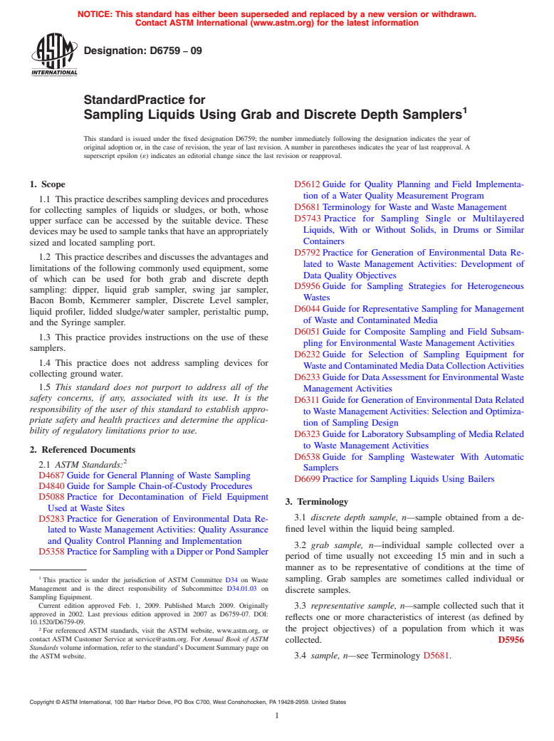 ASTM D6759-09 - Standard Practice for Sampling Liquids Using Grab and Discrete Depth Samplers