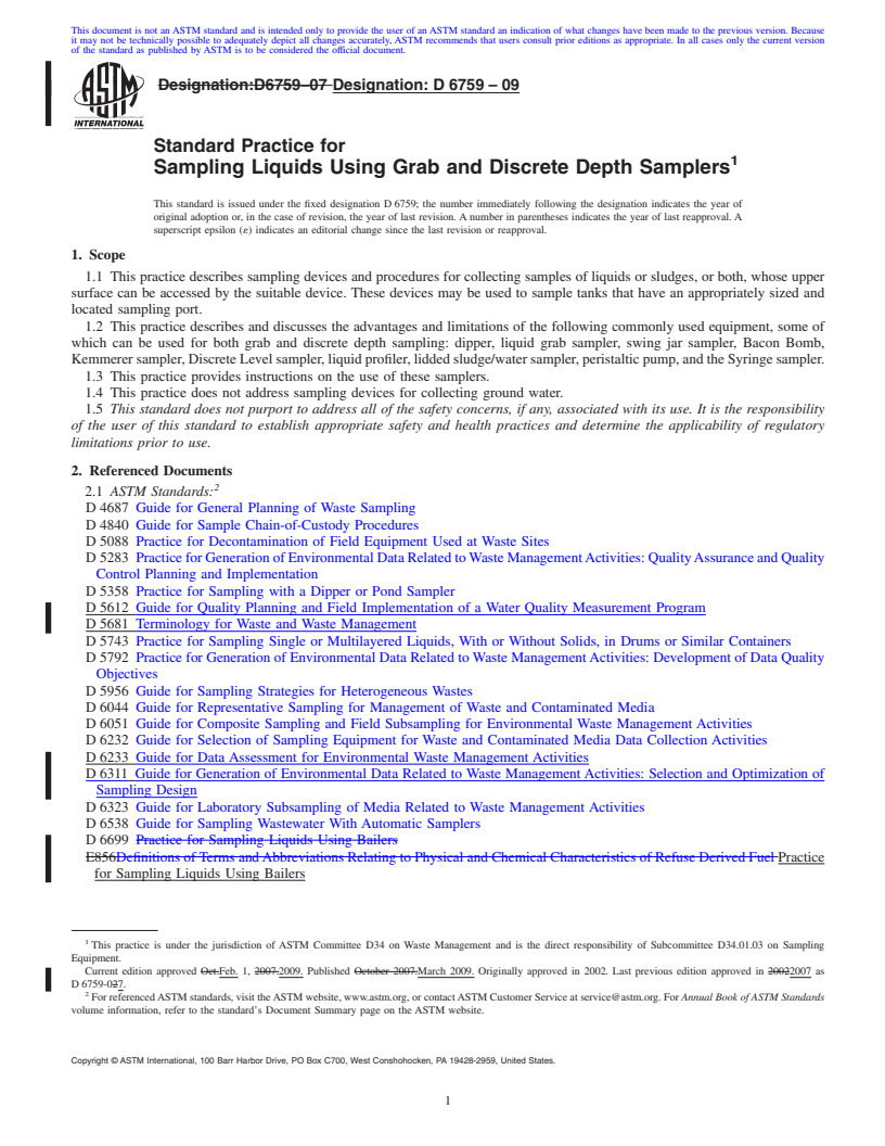 REDLINE ASTM D6759-09 - Standard Practice for Sampling Liquids Using Grab and Discrete Depth Samplers