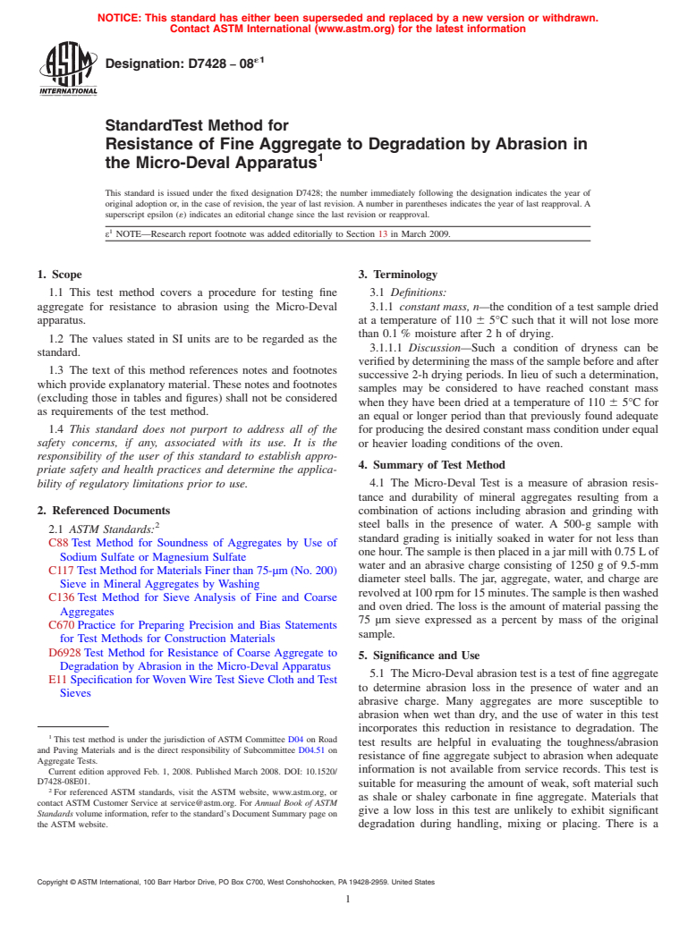 ASTM D7428-08e1 - Standard Test Method for Resistance of Fine Aggregate to Degradation by Abrasion in the Micro-Deval Apparatus