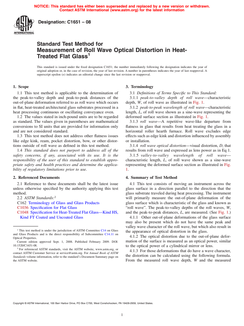 ASTM C1651-08 - Standard Test Method for Measurement of Roll Wave Optical Distortion in Heat-Treated Flat Glass