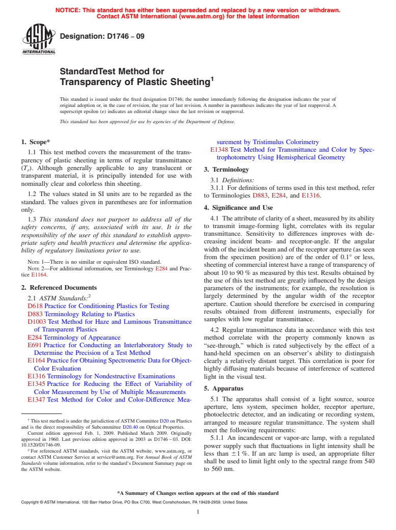 ASTM D1746-09 - Standard Test Method for Transparency of Plastic Sheeting