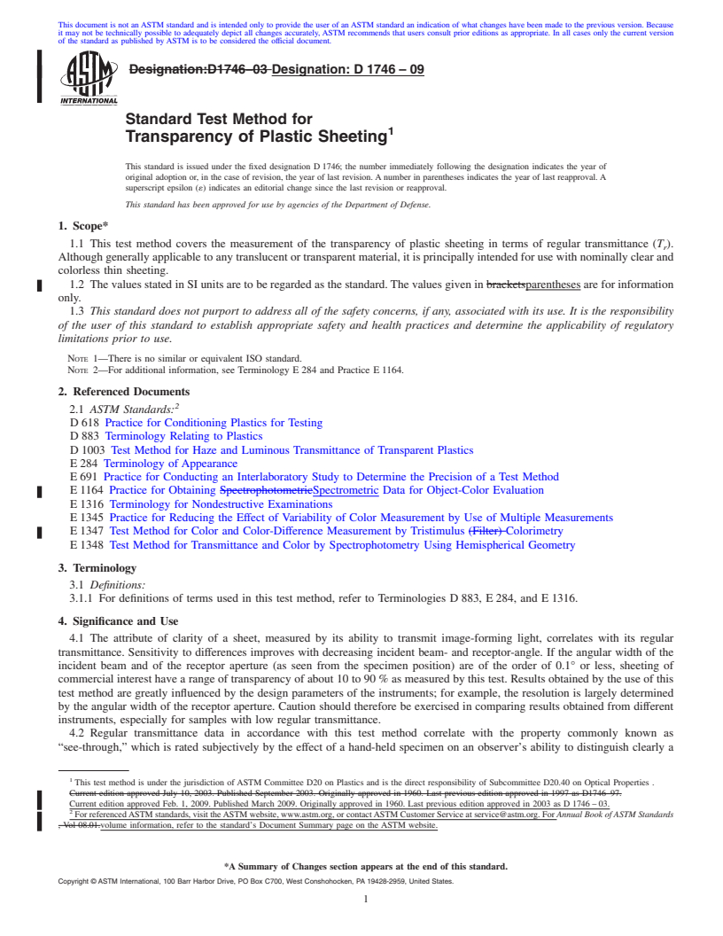 REDLINE ASTM D1746-09 - Standard Test Method for Transparency of Plastic Sheeting