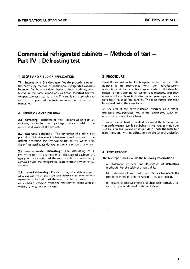 ISO 1992-4:1974 - Commercial refrigerated cabinets -- Methods of test