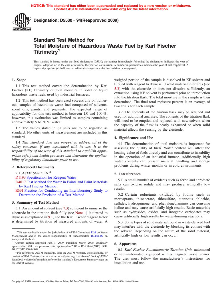 ASTM D5530-94(2009) - Standard Test Method for Total Moisture of Hazardous Waste Fuel by Karl Fischer Titrimetry