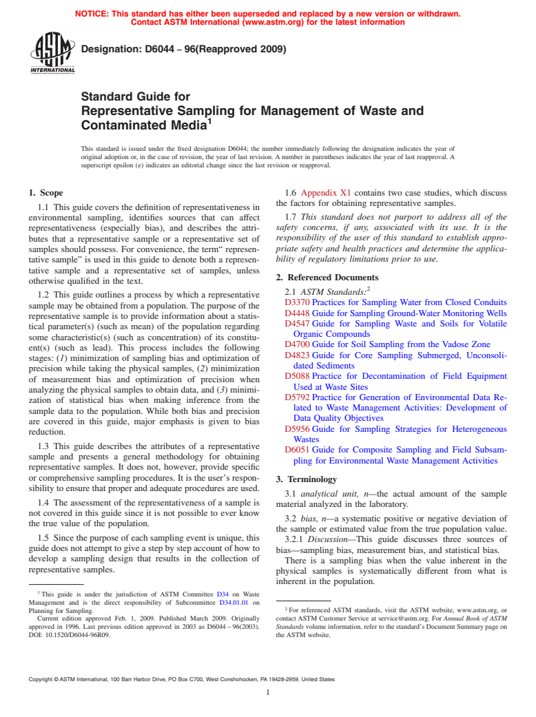 ASTM D6044-96(2009) - Standard Guide for Representative Sampling for Management of Waste and Contaminated Media