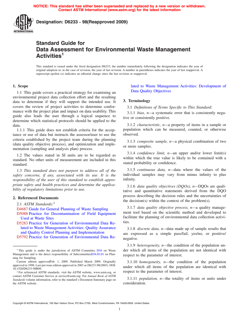 ASTM D6233-98(2009) - Standard Guide for Data Assessment for Environmental Waste Management Activities (Withdrawn 2016)