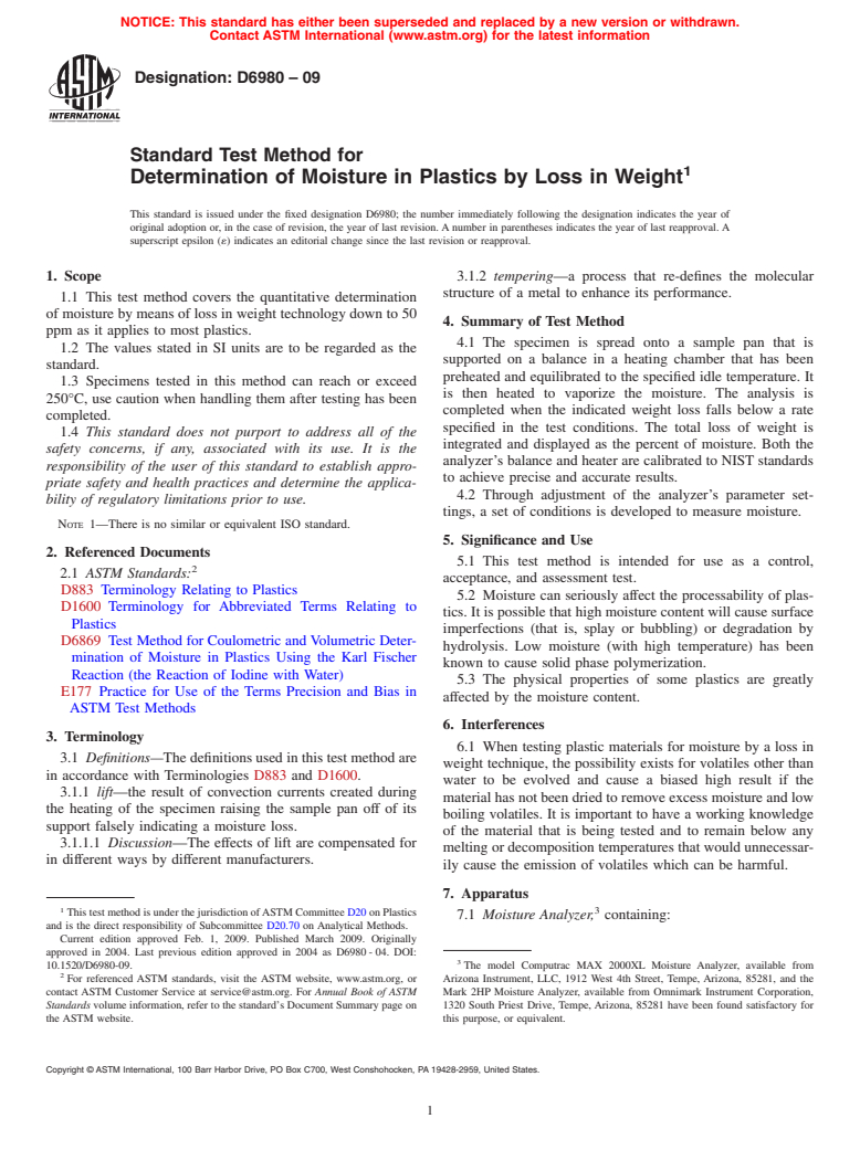 ASTM D6980-09 - Test Method for Determination of Moisture in Plastics by Loss in Weight