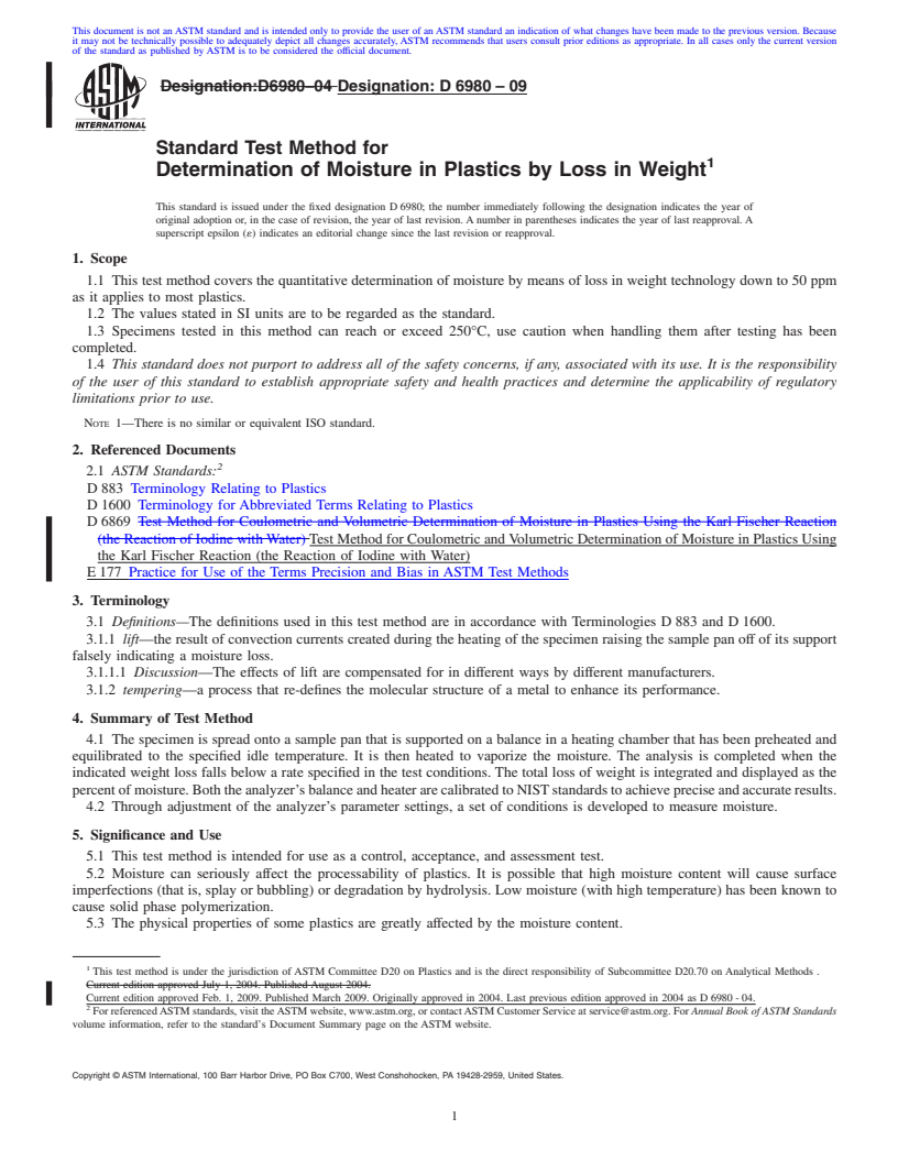 REDLINE ASTM D6980-09 - Test Method for Determination of Moisture in Plastics by Loss in Weight