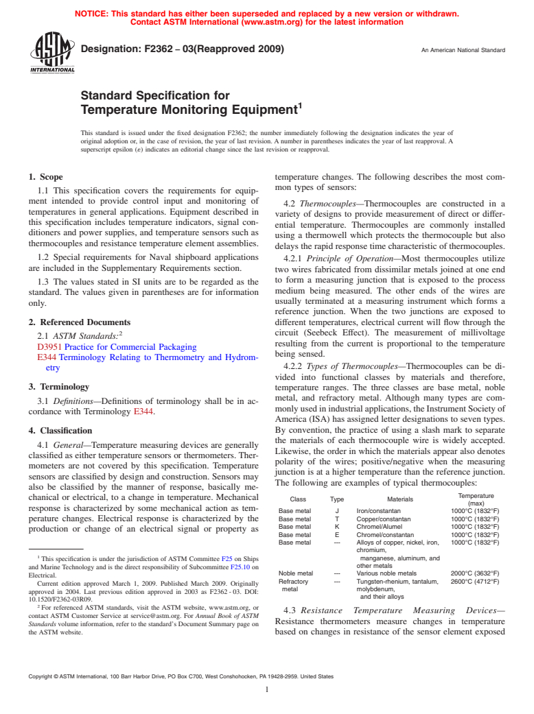 ASTM F2362-03(2009) - Standard Specification for Temperature Monitoring Equipment