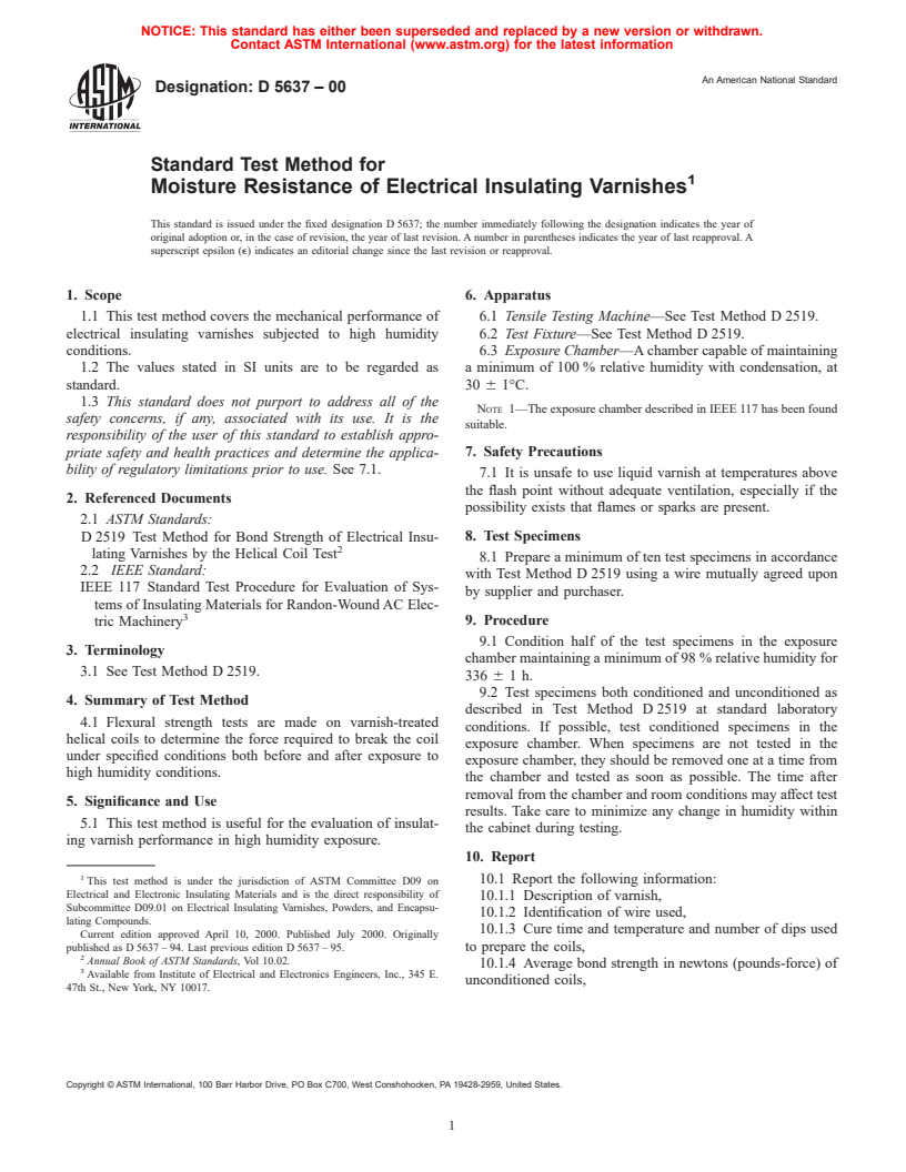 ASTM D5637-00 - Standard Test Method for Moisture Resistance of Electrical Insulating Varnishes