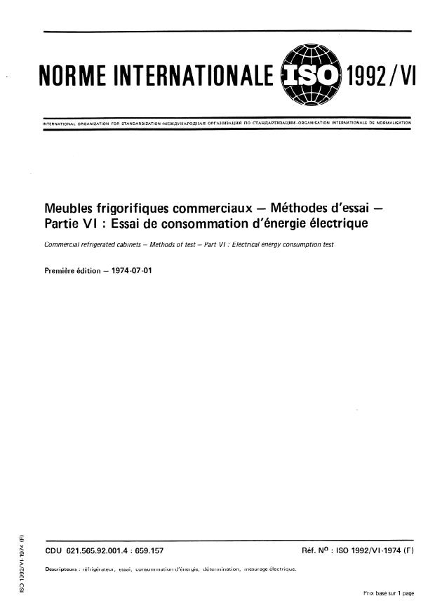 ISO 1992-6:1974 - Meubles frigorifiques commerciaux -- Méthodes d'essai