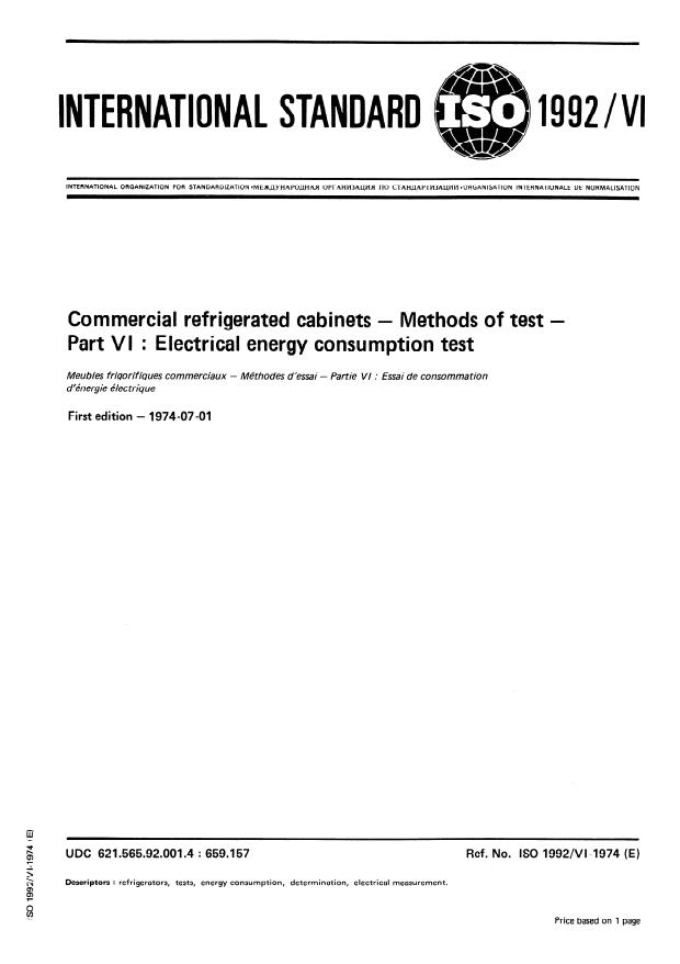 ISO 1992-6:1974 - Commercial refrigerated cabinets -- Methods of test