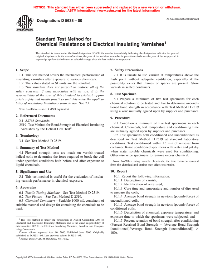 ASTM D5638-00 - Standard Test Method for Chemical Resistance of Electrical Insulating Varnishes