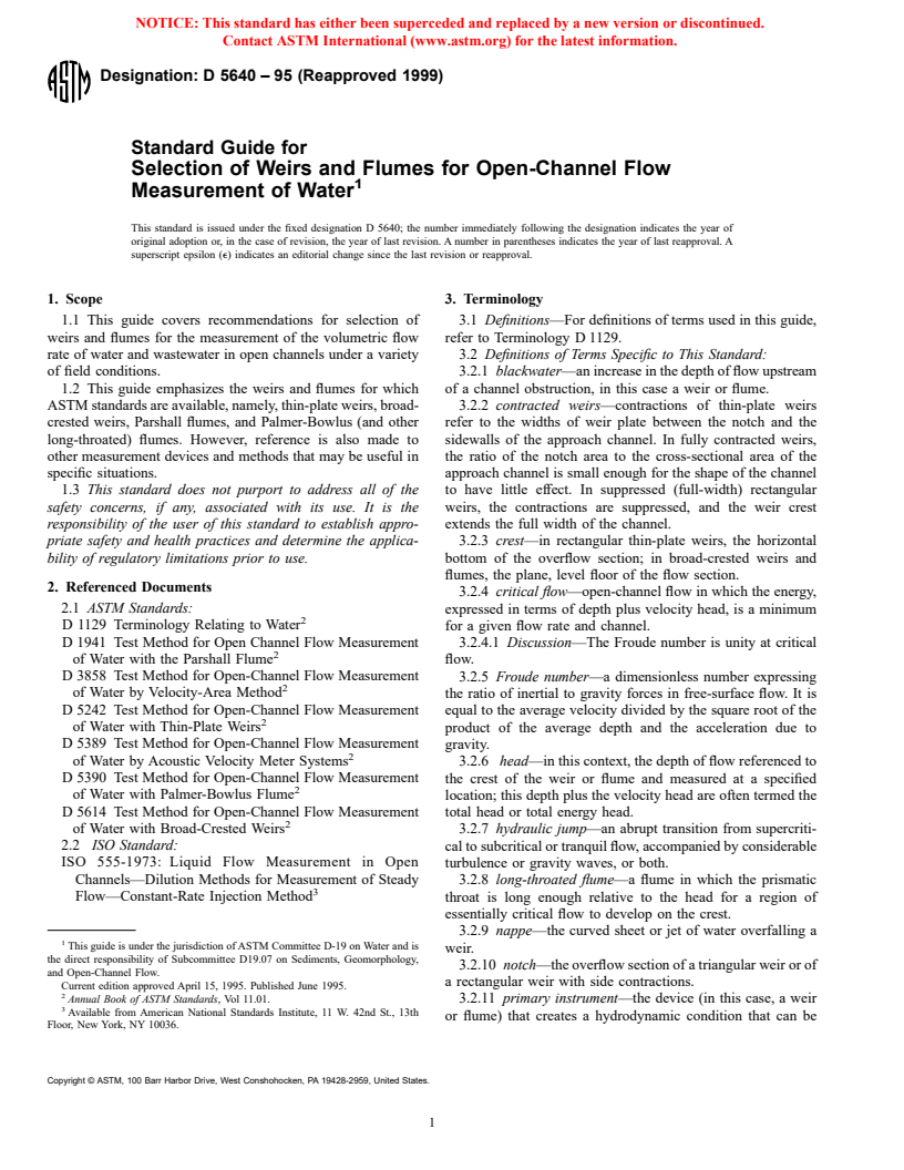 ASTM D5640-95(1999) - Standard Guide for Selection of Weirs and Flumes for Open-Channel Flow Measurement of Water