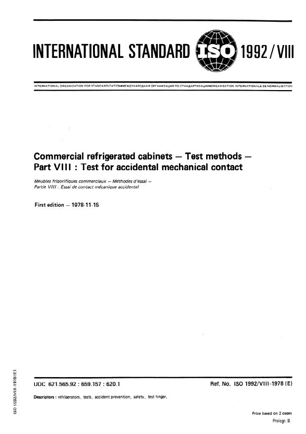 ISO 1992-8:1978 - Commercial refrigerated cabinets -- Test methods