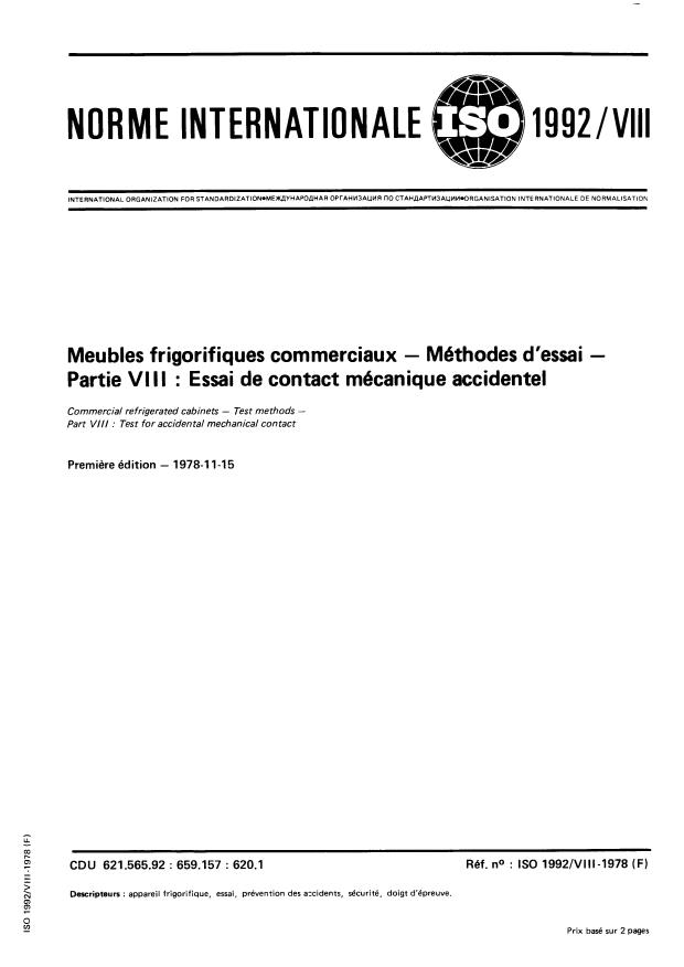 ISO 1992-8:1978 - Meubles frigorifiques commerciaux -- Méthodes d'essai