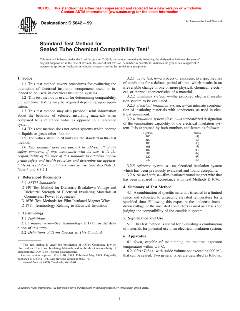 ASTM D5642-99 - Standard Test Method for Sealed Tube Chemical Compatibility Test