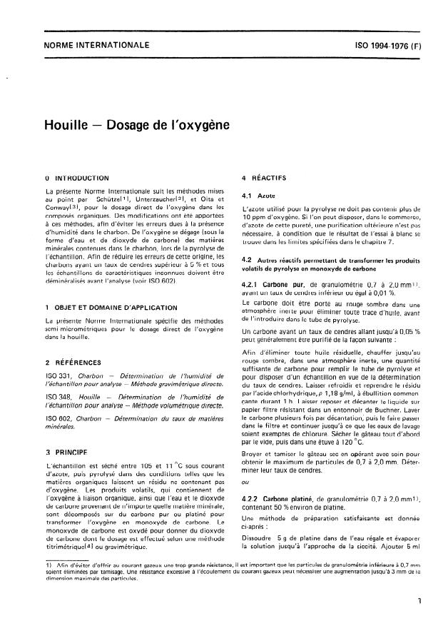 ISO 1994:1976 - Houille -- Dosage de l'oxygene