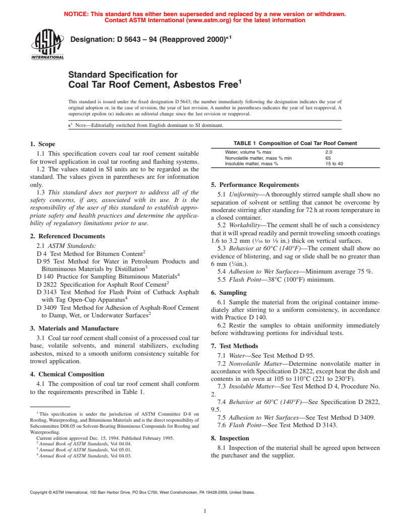 ASTM D5643-94(2000)e1 - Standard Specification for Coal Tar Roof Cement, Asbestos Free