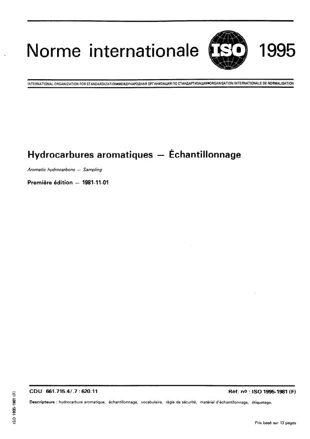ISO 1995:1981 - Hydrocarbures aromatiques -- Échantillonnage