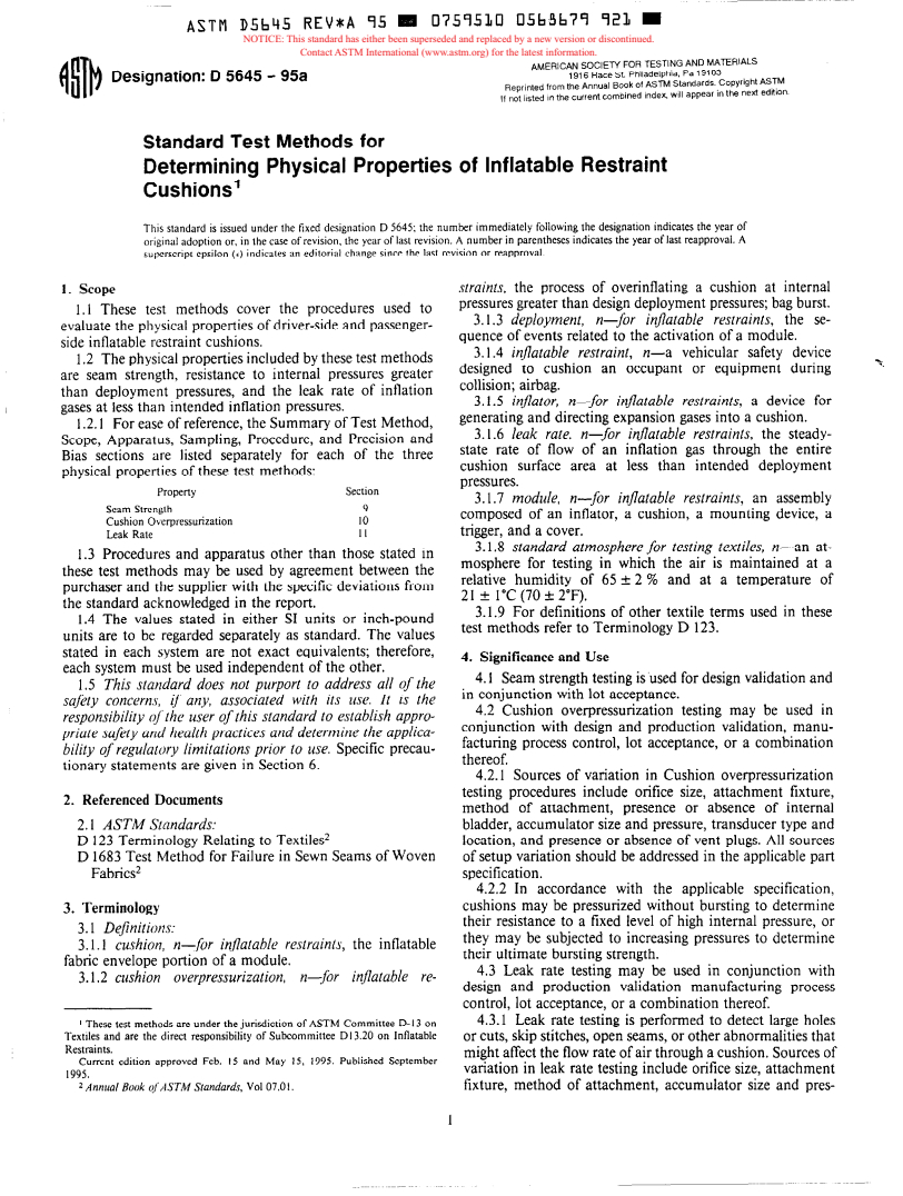 ASTM D5645-95A - Standard Test Methods for Determining Physical Properties of Inflatable Restraint Cushions (Withdrawn 1999)