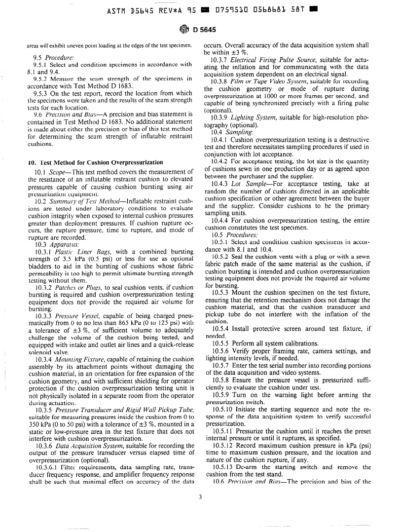 ASTM D5645-95A - Standard Test Methods for Determining Physical Properties of Inflatable Restraint Cushions (Withdrawn 1999)