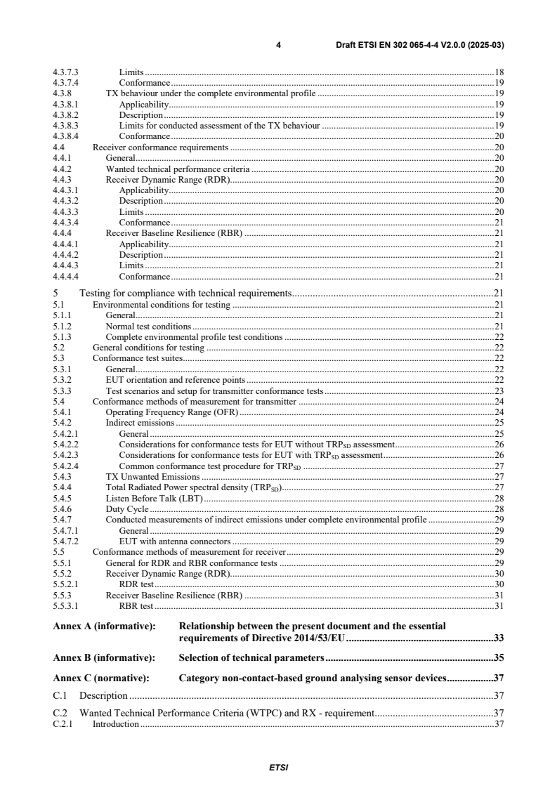 SIST EN 302 065-4-4 V2.1.1:2025 ETSI EN 302 065-4-4 V2.0.0 (2025-03) - Short Range Devices (SRD) using Ultra Wide Band technology (UWB); Harmonised Standard for access to radio spectrum; Part 4: Material Sensing devices; Sub-part 4: Exterior material sensing applications for ground based vehicles below 10,6 GHz - Page 4 preview