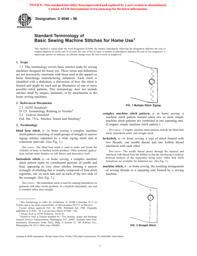 ASTM D5646-96 - Standard Terminology of Basic Sewing Machine Stitches for Home Use