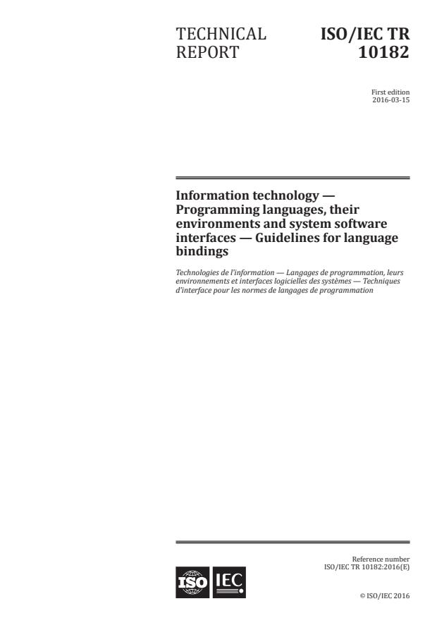 ISO/IEC TR 10182:2016 - Information technology -- Programming languages, their environments and system software interfaces -- Guidelines for language bindings
