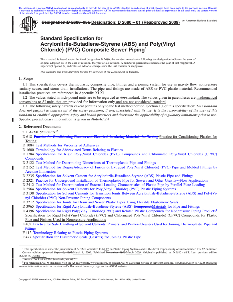 REDLINE ASTM D2680-01(2009) - Standard Specification for Acrylonitrile-Butadiene-Styrene (ABS) and Poly(Vinyl Chloride) (PVC) Composite Sewer Piping