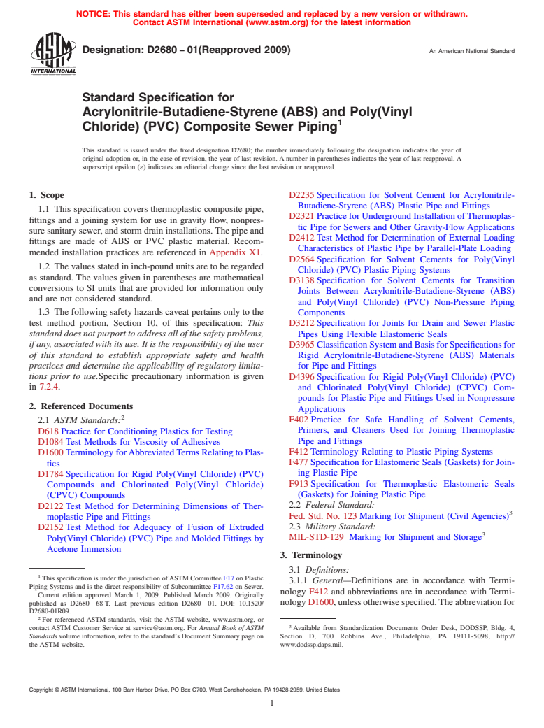 ASTM D2680-01(2009) - Standard Specification for Acrylonitrile-Butadiene-Styrene (ABS) and Poly(Vinyl Chloride) (PVC) Composite Sewer Piping