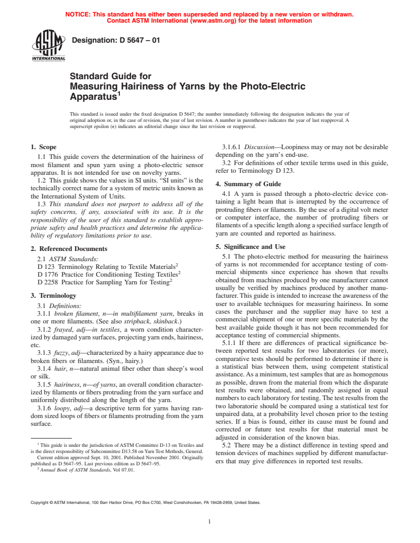 ASTM D5647-01 - Standard Guide for Measuring Hairiness of Yarns by the Photo-Electric Apparatus