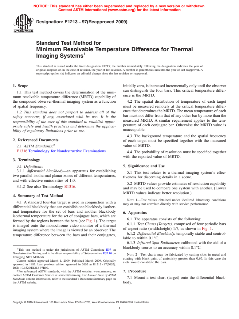 ASTM E1213-97(2009) - Standard Test Method for Minimum Resolvable Temperature Difference for Thermal Imaging Systems