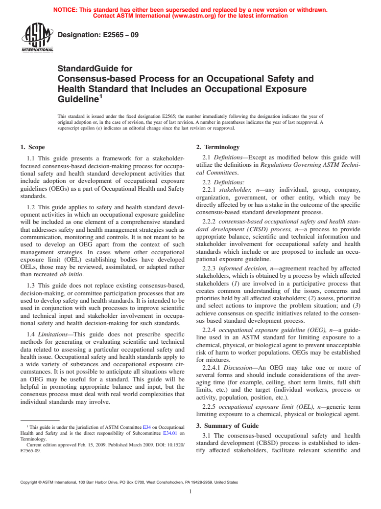 ASTM E2565-09 - Standard Guide for Consensus-based Process for an Occupational Safety and Health Standard that Includes an Occupational Exposure Guideline