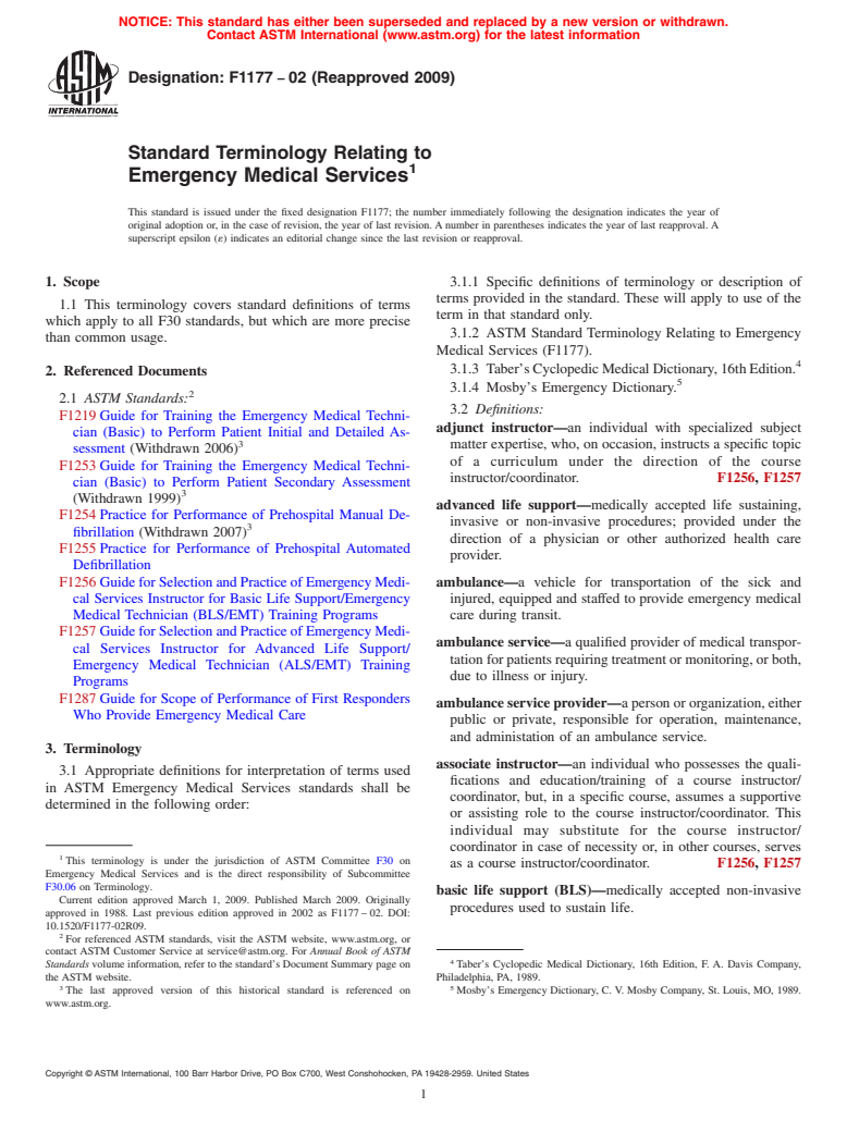 ASTM F1177-02(2009) - Standard Terminology Relating to Emergency Medical Services (Withdrawn 2018)