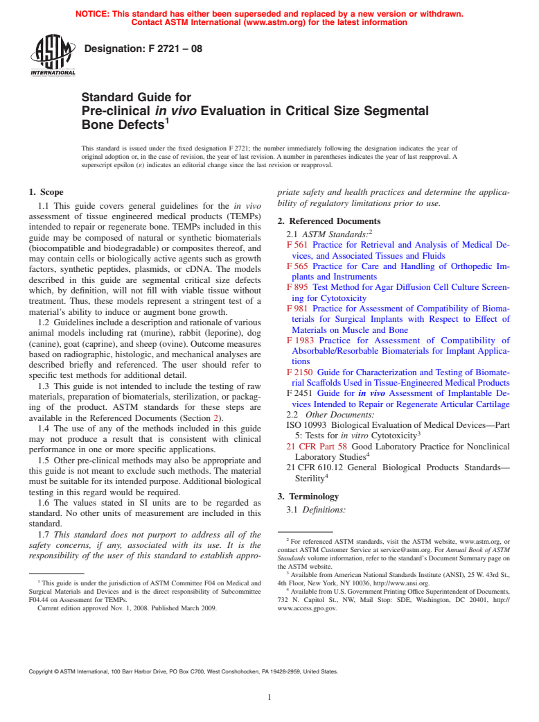 ASTM F2721-08 - Standard Guide for Pre-clinical <span class="bdit">in vivo</span> Evaluation in Critical Size Segmental Bone Defects