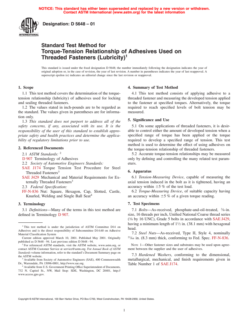 ASTM D5648-01 - Standard Test Method for Torque-Tension Relationship of Adhesives Used on Threaded Fasteners (Lubricity)