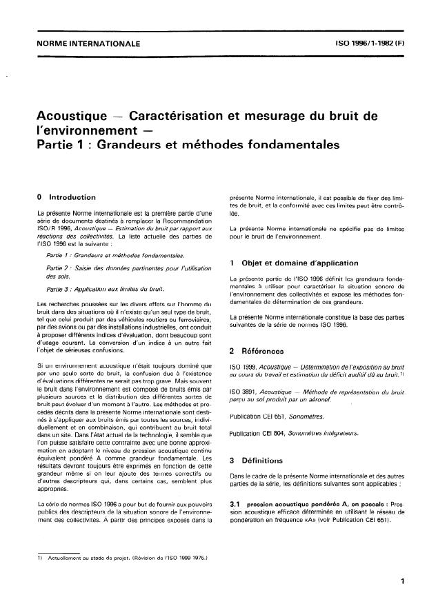 ISO 1996-1:1982 - Acoustique -- Caractérisation et mesurage du bruit de l'environnement