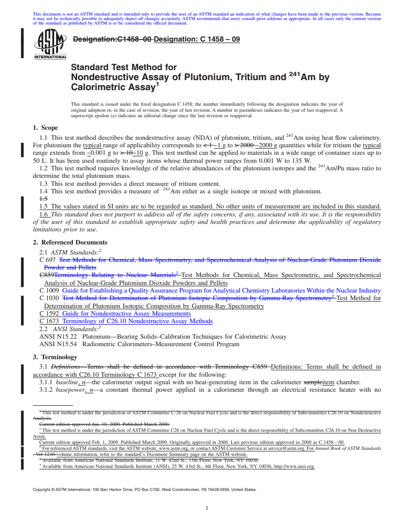 REDLINE ASTM C1458-09 - Standard Test Method for Nondestructive Assay of Plutonium, Tritium and <sup>241</sup>Am by Calorimetric Assay